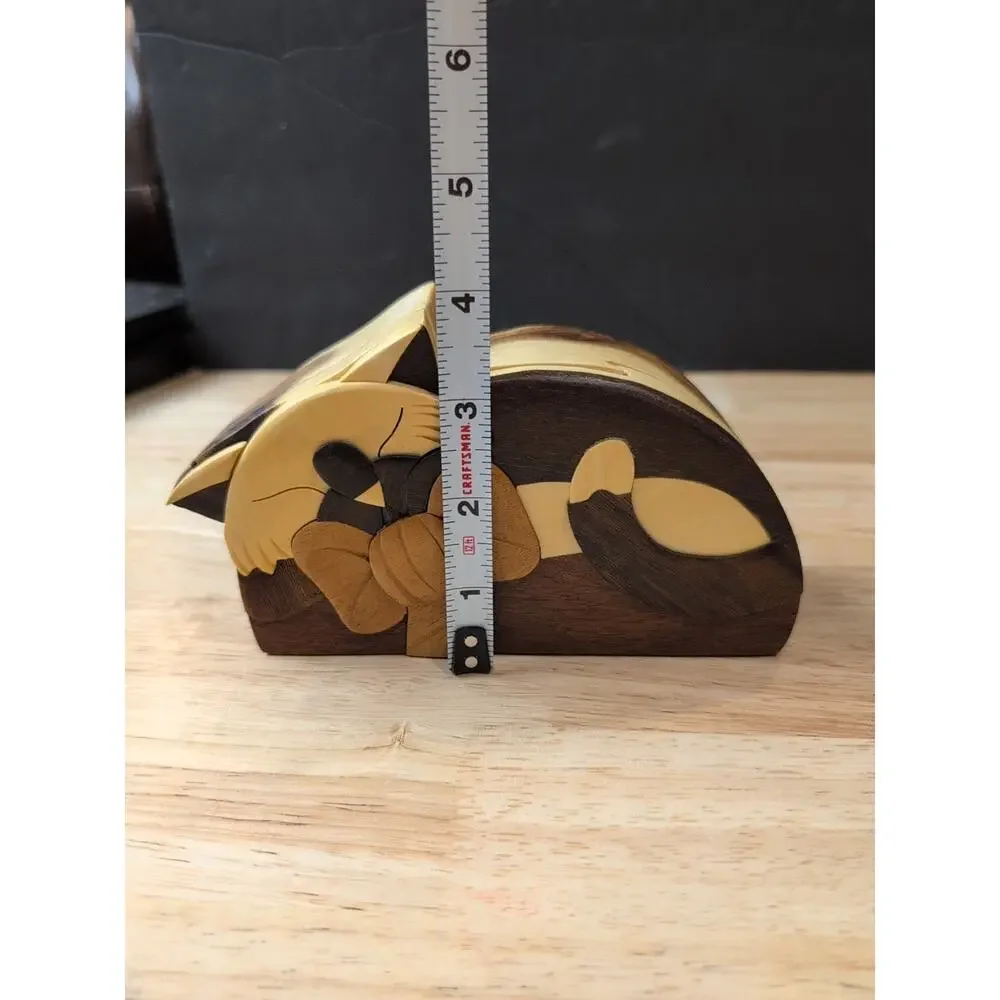 Sleeping Kitten CARVER DANS handcrafted Cat‎ Solid Wood Puzzle Trinket Box